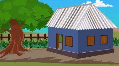 Charming blue house with a striped roof surrounded by lush greenery under a sunny sky, a cozy and inviting rural scene, peaceful countryside living