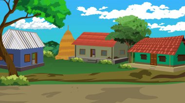 Charming village scene with colorful houses, lush trees, and a haystack under a bright blue sky, perfect for illustrating rural life and peaceful landscapes