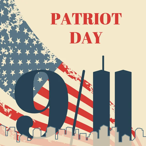 Patriot Day in USA square banner (en inglés). Tarjeta con la bandera americana, la silueta de la ciudad y torres gemelas. Ilustración de grunge vectorial — Vector de stock