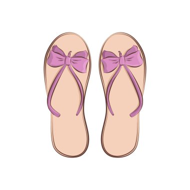 Beach flip flop bir yay ile. Yaz moda aksesuarları. Beyaz arka plan üzerinde izole ultraviyole nesneler. El çizim stili tasarımınız için vektör çizim