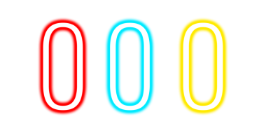 Asgari renkli neon 0 setleri. Canlı kırmızı, gök mavisi, sarı neon ışıklar. Beyaz arka plan sanat çizimine izole edilmiş. Tasarım ögeleri PNG