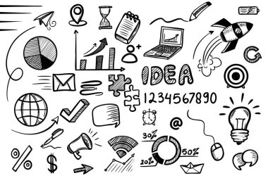 İş parası taslak taslak fikri seti. Başlangıç, proje, hedef ve takım çalışması için el çizimi ögeleri.