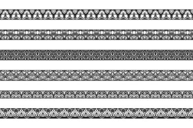 Dantel desenli elementler Kaliteli dikişsiz dantel kenarlar, güzel bir düğün danteli süsü. Siyah dantel sınır vektör illüstrasyonu ayarlandı.