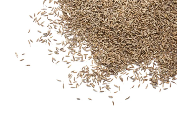 Kimyon tohumu kuru aromatik baharat beyaz izole. Üstte görüntü.