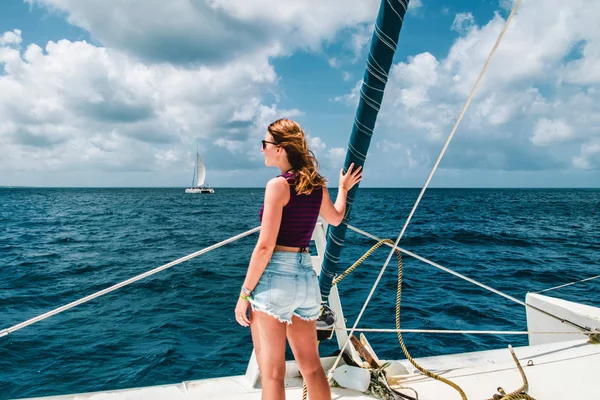 Photo Fille Dans Bateau Près Île Saona République Dominicaine — Photo