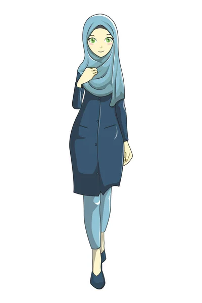 Vettore Hijab Muslimah Con Stile Manga Blu — Vettoriale Stock