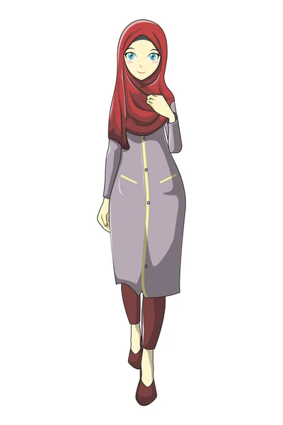 Hijab Muslimah Vetor Com Estilo Mangá Vermelho — Vetor de Stock