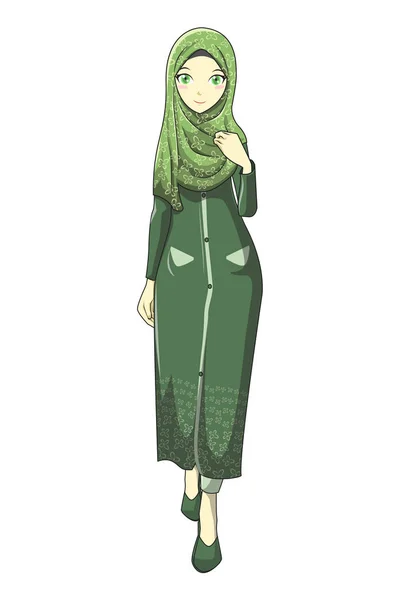 マンガ スタイル グリーン色でヒジャーブ イスラム教徒ベクトル — ストックベクタ