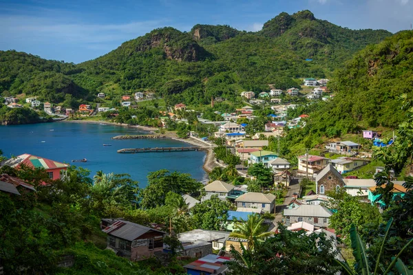 Saint Vincent ve Grenadinler, dağlar ve güzel mükemmel plajları ve renkli turkuaz ve zümrüt renkli su ile güzel egzotik cennet deniz ve palmiye ağaçları