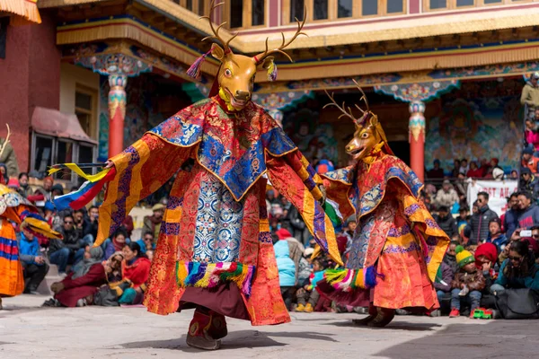 Matho Ladahk 查谟和克什米尔 印度的五颜六色的面具舞蹈节的僧侣与面具跳舞 — 图库照片