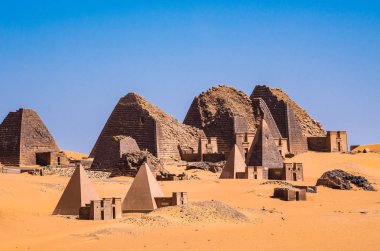 Pyramids of Meroe, Sudan. Mero is an ancient desert pyramid city, east bank of the Nile near Shendi, Sudan, approximately 200 km north-east of Khartoum in the desert clipart