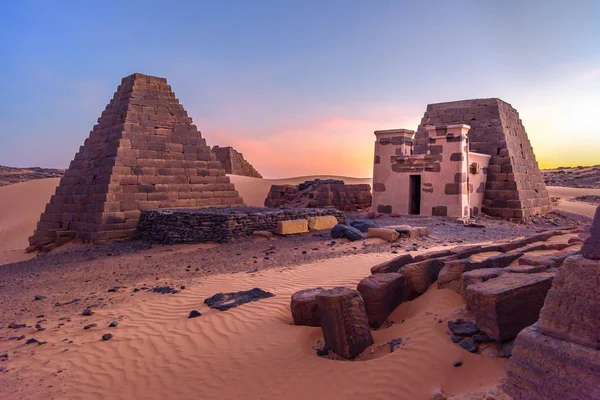 Pyramids of Meroe, Sudan. Mero is an ancient desert pyramid city, east bank of the Nile near Shendi, Sudan, approximately 200 km north-east of Khartoum in the desert