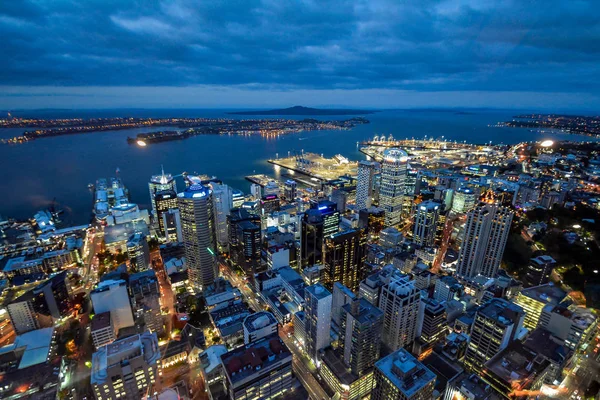 Auckland skyline cityscape night time view from Auckland Sky Tower in the capitol of New Zealand
