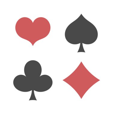 İskambil tam uyuyor. Maça, kupa, karo, simgeler kulüpleri. Oyun kartları işaretler. İzole vektör çizim