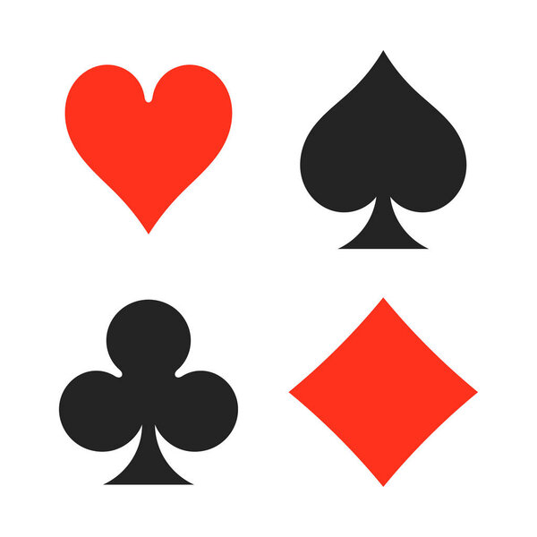 Playing cards suits. Spades, hearts, diamonds, clubs icons. Game cards signs. Isolated vector illustration