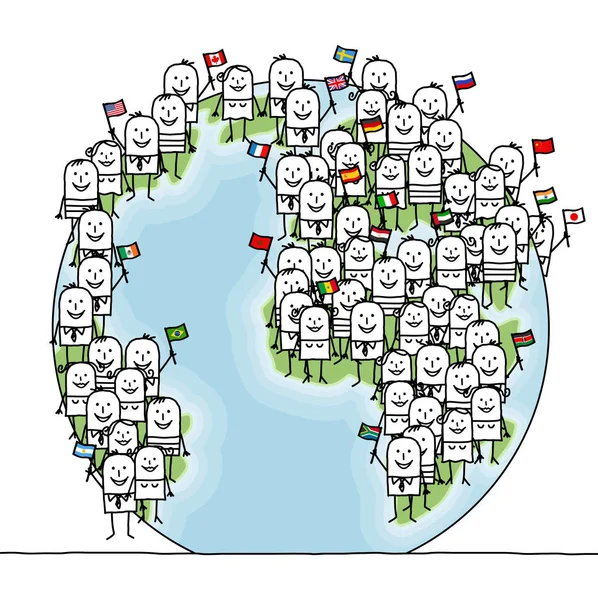 Mensen Van Wereld Van Tekenfilm Met Vlaggen — Stockvector