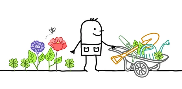 Jardinier Bande Dessinée Avec Brouette Fleurs Outils — Image vectorielle