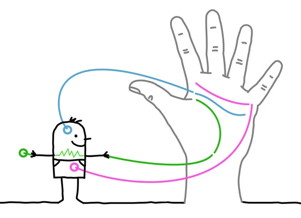 Große Hand Mit Cartoon Figur Herz Kopf Und Lebenslinien — Stockvektor