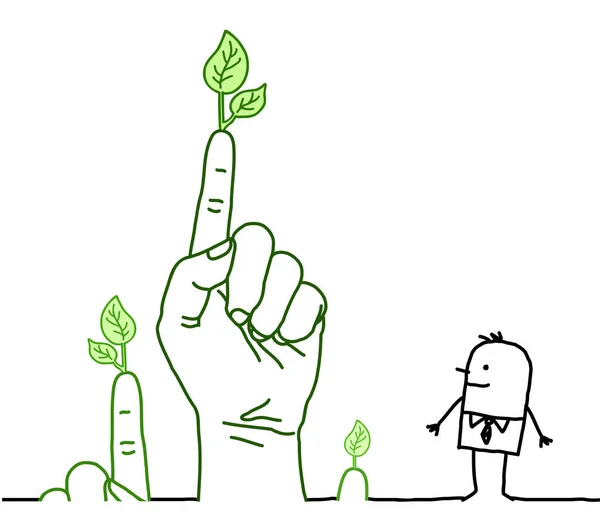 漫画のキャラクター 通信と緑の手で大きな — ストックベクタ