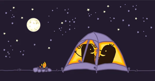 Dessin Animé Couple Dans Une Tente Camping Nuit — Image vectorielle