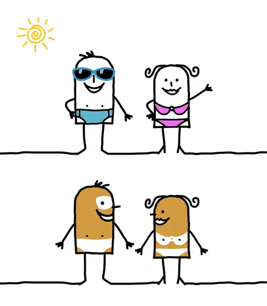 Pareja Dibujos Animados Con Trajes Baño Bronceado — Vector de stock