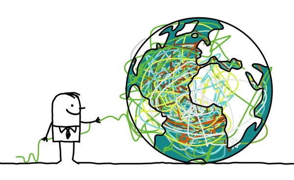 Karikatura Člověka Rozplétání Země — Stockový vektor