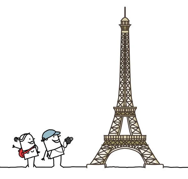 Pareja Dibujos Animados Con Torre Eiffel — Vector de stock