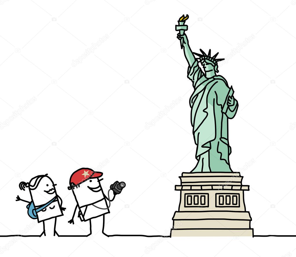 Cartoon couple with Statue of Liberty