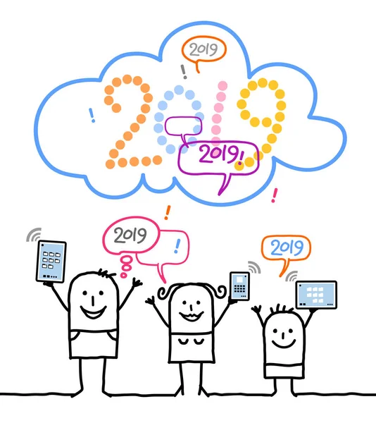 Famiglia Dei Cartoni Animati Social Network Con Cloud 2019 — Vettoriale Stock