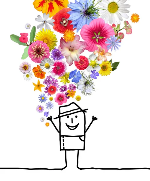 Kreskówka Mężczyzna Rzucanie Się Zestaw Kolorowych Kwiatów — Zdjęcie stockowe