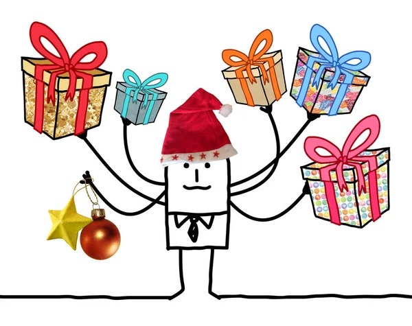 マルチ プレゼントとサンタの赤い帽子を持つ漫画男 — ストック写真