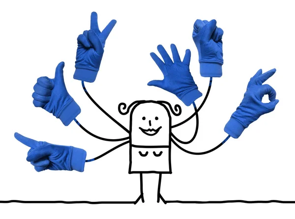 Mulher Dos Desenhos Animados Com Multi Azul Mãos Sinais — Fotografia de Stock