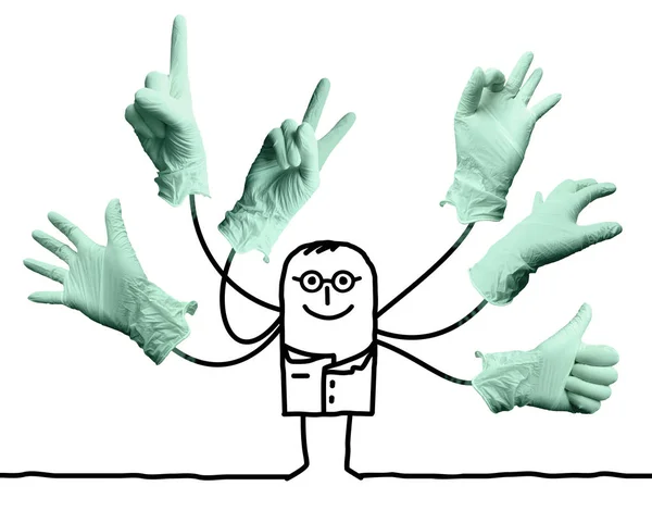 Médico Dos Desenhos Animados Com Sinais Mãos Múltiplas — Fotografia de Stock
