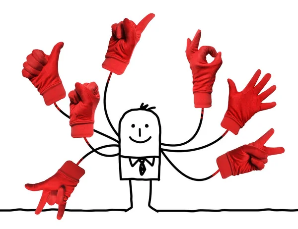 Empresário Dos Desenhos Animados Com Multi Red Hands Sinais — Fotografia de Stock
