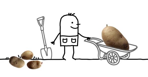 Мультфильм Человек Саду Большая Картошка Тачке — стоковое фото