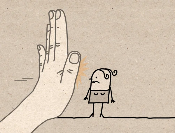 Große Hand Mit Cartoon Figur Stoppschild Vor Einer Frau Illustration — Stockfoto