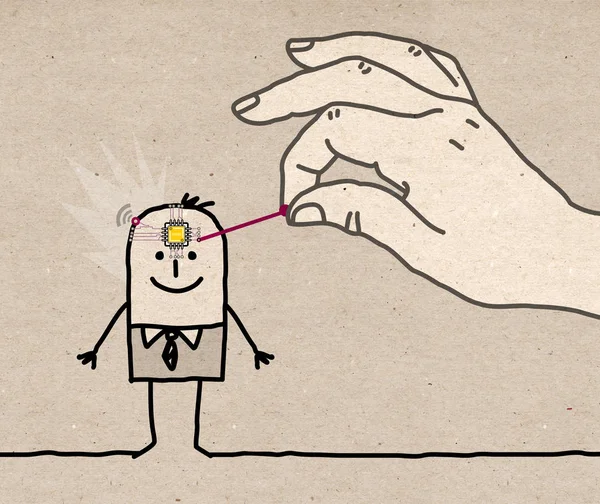 Big Hand Colocando Microchip Cabeça Homem Dos Desenhos Animados Ilustração — Fotografia de Stock