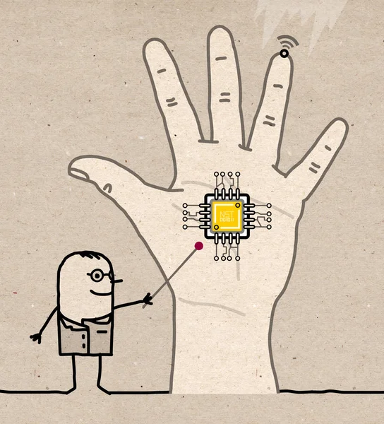 Doctor Dibujos Animados Mostrando Implante Microchip Mano Ilustración Sobre Papel —  Fotos de Stock