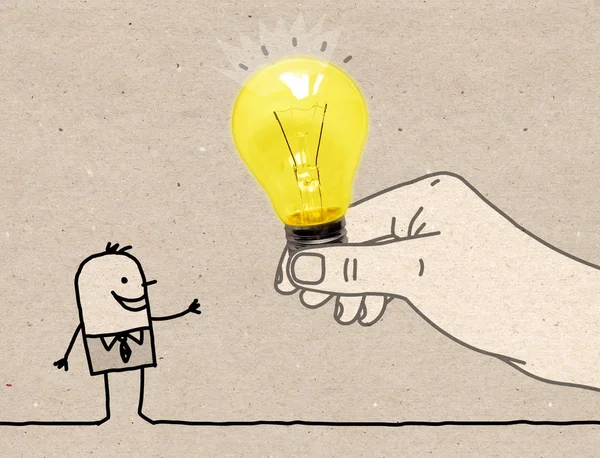 Cartoon Big Hand Giving a Light Bulb to a Cartoon Man - illustration  on brown textured paper