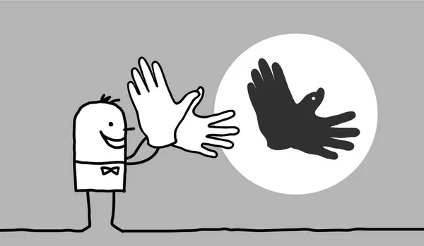 Homem Dos Desenhos Animados Fazendo Sombra Pássaro Com Mãos — Fotografia de Stock