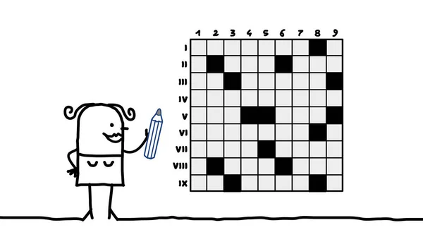 Kobieta Kreskówka Grając Crosswords — Zdjęcie stockowe