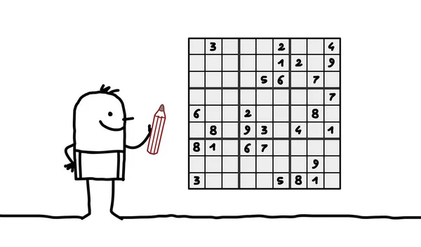 Homem Dos Desenhos Animados Jogando Sudoku — Fotografia de Stock