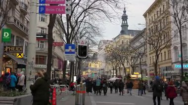 Viyana, Avusturya 17 Aralık 2022 Noel tatili boyunca dekore edilmiş şehir sokaklarında yürüyen bir kalabalık. Noel ışıkları, yeni yıl havası ve geleneksel kış havasıyla şenlikli bir ortam.