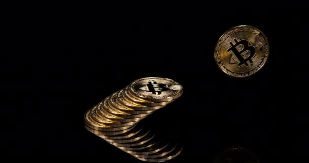 Bitcoins Zwarte Achtergrond Slow Motion — Stockvideo