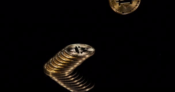 Bitcoins Sobre Fondo Negro Cámara Lenta — Vídeo de stock