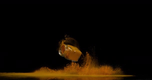 Curcuma Powder Splash Dark Background — Stock Video