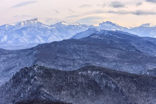 Bonita Paisagem Paisagística Inverno Montanha Lagonaki Região Montanhosa Com Gama — Fotografia de Stock