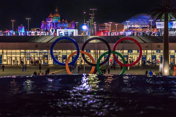 Sochi, Rusya Federasyonu - 23 Şubat 2014: Olympic Park sırasında Kış Olimpiyat Oyunları Sochi içinde 2014 yılında düzenlenen ana mekan oldu. Girişine yakın şelale çağlayan ve büyük olimpik halka yapısı tarafından insanlar yürümek