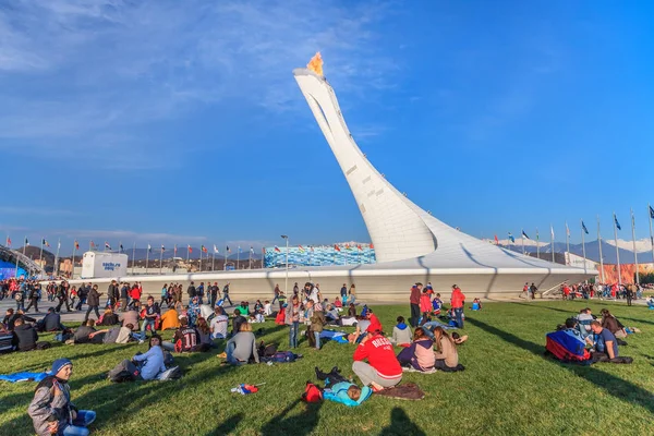 Sochi Rusia Febrero 2014 Gran Erección Antorcha Olímpica Con Llamas — Foto de Stock