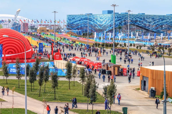 俄罗斯索契 4年索契冬奥会期间 成群结队的人在奥林匹克公园周围散步 空中白天的景观与冰山冰宫和长廊 — 图库照片